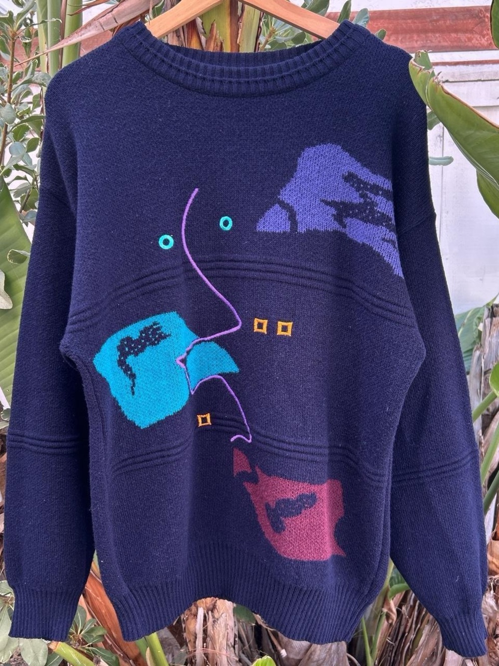 Vintage 80s Kennington Italia Abstract Face Knit Sweater Fits M Italy